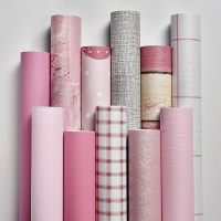 粉色墙纸自粘卧室温馨闪电客女孩少女心房纯色防水壁纸书桌家具翻新贴纸