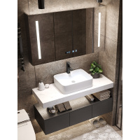 大理石轻奢闪电客浴室柜组合简约现代卫生间小户型洗手洗脸盆卫浴洗漱台 1.0米铁艺圆镜