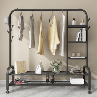 简易晾衣架落地折叠室内单杆式闪电客凉衣服晒架子家用多功能卧室挂衣架 125cm黑色双衣帽钩[双层置物架]送万向轮 中