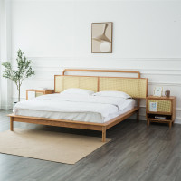 北欧樱桃木藤编闪电客床现代简约日式黑胡桃复古轻奢藤艺主卧双人床