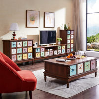 美式乡村电视柜组合木彩绘做旧酒柜风格客厅家具茶几地柜