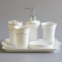 浮卫浴洁具闪电客五件套洗漱套装浴室用品套件漱口杯陶瓷浴室用品 金纤腰5件套配瓷盘