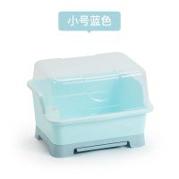 碗柜塑料带盖箱餐具沥水架厨房置物架碗筷收纳盒放碗架碗碟架盘子 升级款小号蓝色[全翻盖带抽水盘]