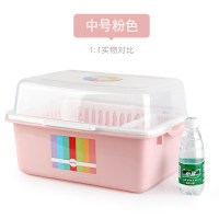 碗柜塑料带盖箱餐具沥水架厨房置物架碗筷收纳盒放碗架碗碟架盘子 经典款粉[中]
