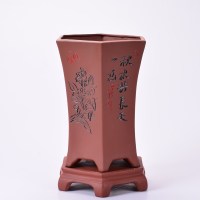陶瓷紫砂花盆兰花地面花盆中大古典个性创意六方室内盆栽榕树批发 紫砂0283(红)加托盘 大