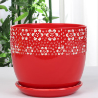 中国风大红色陶瓷花盆批发有孔/喜庆花盆纯红个性创意花盆/免邮 红色//170 17CM