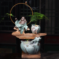 新中式流水花器容器禅意室内家用桌面摆件创意大号中国风盆景花盆 祥云陶木流水-颜开富贵[送-文竹+雾化器+抽水泵] 大