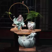 新中式流水花器容器禅意室内家用桌面摆件创意大号中国风盆景花盆 祥云陶木流水-颜开富贵[送-文竹+雾化器+抽水泵] 大