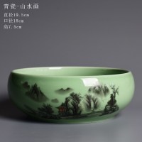 陶瓷大号圆形中国风家用养水仙花的花盆水培器皿水养 [青瓷-山水画] 大