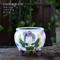 韩式可爱手绘多肉植物花盆陶瓷高脚粗陶创意个性养肉肉的花盆小号 [S26-绿色翅膀女孩] 小
