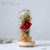 北欧风格现代女性时尚仿真花家居桌面装饰品透明玻璃罩工艺摆件 红玫瑰玻璃罩-中号带灯