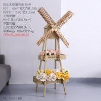 复古田园木质花架多肉置物架多层家居装饰品客厅落地摆件室内摆设 原木田园风车置物架(不含植物盆栽)