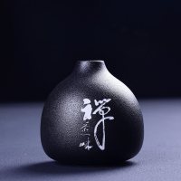新中式禅意插花小花瓶摆件水养绿萝器皿家用客厅简约水培植物容器 【精雕禅茶一味-日式瓶（禅意黑）-台湾粗陶小花插】 小