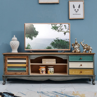 美式乡村电视柜复古做旧视听彩绘木地中海风格客厅家具茶几地柜