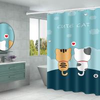 浴室浴帘套装CIAA免打孔磁性布浴帘杆卫 望月猫咪 黑色磁性挡水条100厘米+磁浴帘120*200+直杆70-1