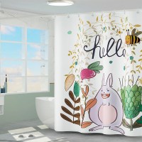 浴室浴帘套装CIAA免打孔磁性布浴帘杆卫 油画小兔 白色磁性挡水条180厘米+磁浴帘180*200+直杆140-