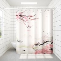 浴室浴帘套装CIAA免打孔布浴帘杆卫生间隔断 江南水墨 白色伸缩杆90-160+浴帘150宽*180高+绑带