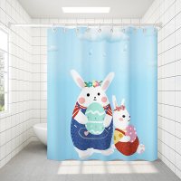 浴室浴帘套装CIAA免打孔布浴帘杆卫生间隔 呆萌小兔 白色伸缩杆110-200+浴帘180宽*200高+绑带