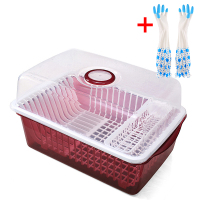 碗柜塑料厨房沥水碗架带盖碗筷餐具收纳盒放碗碟架滴水碗盘置物架 超大号酒红色+长款:束口手套