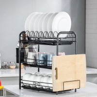沥水碗架厨房内置收纳架带盖置物架晾放碗碟盘子家用不锈落地三层 三层黑色+刀架+砧板架