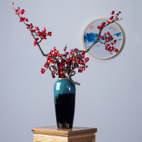 新中式复古陶瓷花瓶摆件客厅插花创意电视柜玄关现代简约家居饰品 流釉花瓶+红腊梅2枝