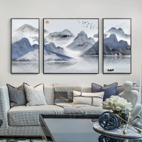 新中式客厅装饰画靠山大气沙发后面的挂画山 水墨山河 (左30*60+中60*60+右30*60)适合2米沙发黑色