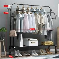 简易衣帽架晾衣架落地室内双杆CIAA挂衣架子家用卧室衣服收纳置物架 ❤150CM-黑色双杆+置物网+双衣帽钩[送万向轮]