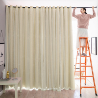 帘隔断免打孔可爱少女伸缩杆CIAA布艺卧室家用 布贴纱经典米色 帘宽6.0*2.7米高双开『送弹簧杆长3.1-3.6米』