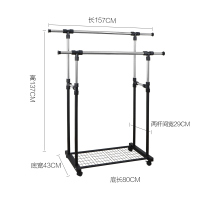 不锈钢晾衣架落地卧室CIAA折叠室内双杆式晾衣杆伸缩可移动带轮 GW-593黑色双杆带轮送两用螺丝刀