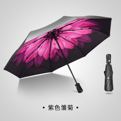 全自动双层防晒伞upf50+折叠CIAA晴雨伞两用女防太阳遮阳伞黑胶 紫色菊花-双层
