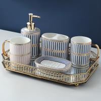 简约卫浴洗漱五件套 陶瓷CIAA轻奢刷牙套装情侣结婚家用创意漱口杯 金手柄蓝粉六件套(镜面托盘)