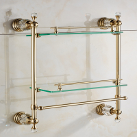 浴室置物架水晶镀金色玻璃CIAA置物架两层带毛巾架卫生间收纳架壁挂式 两层置物架带杆（加宽款）55*56*15