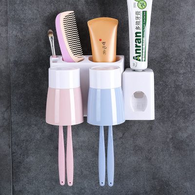 卫生间吸壁式牙刷架CIAA壁挂洗漱架牙刷筒牙刷杯牙刷置物架套装收纳架 两口洗漱杯带挤牙膏器款