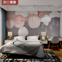 北欧风格儿童房定制无纺布墙纸温馨卧室热气球壁纸女孩公主背景墙