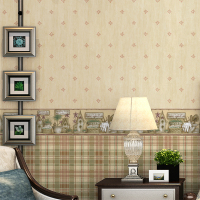 美式乡村墙纸 ab版无纺布复古田园小花风格 腰线格子卧室客厅壁纸