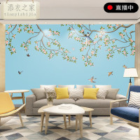 新中式手绘工笔花鸟客厅电视背景墙纸沙无纺布壁纸大型壁画墙布