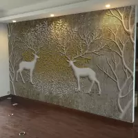 3d立体简欧客厅沙电视背景墙纸无纺布壁纸卧室壁画无缝墙布麋鹿