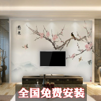 新中式背景墙壁纸雅趣无纺布墙纸浅色仿古整张防水花鸟壁画梅花3d