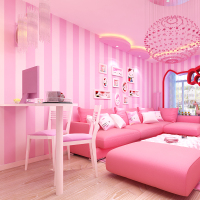 蒲公英韩式粉色儿童公主房壁纸卧室现代竖条纹墙纸无纺布客厅温馨