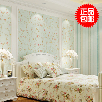 美式田园无纺布蓝绿色小碎花墙纸粉色温馨卧室客厅竖条纹壁纸AB版