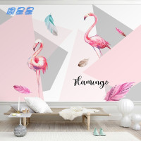 红院背景墙壁画粉色火烈鸟奶茶店壁纸北欧ins卧室温馨墙纸