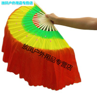yuumuu)舞蹈扇子成人儿童渐变色广场舞扇双面18骨秧歌舞演出折叠长绸扇绿红一副两把(左右手) 偏远地区不包邮