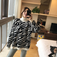 韩国chic秋冬斑马纹宽松高领套头针织衫女时尚港味中长款慵懒毛衣
