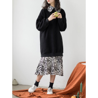 斑马纹加绒卫衣拼接连衣裙女加厚中长款裙子裙子冬季2018新款韩版