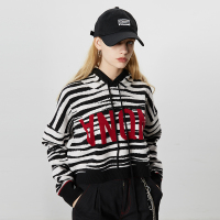 ANYQUESTION/黑白斑马纹仿兔绒 短款针织柔软 连帽毛衣上衣