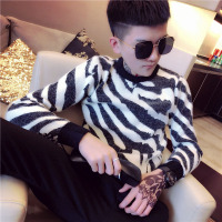 红同款斑马纹圆领修身套头毛衣社会精神小伙针织衫秋冬新款打底