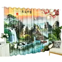 手绘中国风古典山画风景画办公室书房茶室主卧室客厅遮光窗帘布