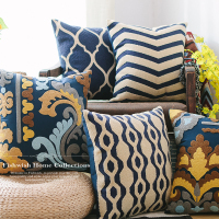 几何蓝白绣花靠垫套 条纹沙棉麻美式刺绣靠背抱枕套 不含芯