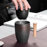 鱼戏日式鎏金釉粗陶马克杯古风雅韵家用过滤陶瓷杯子带盖茶杯杯子