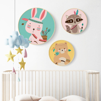 森林动物儿童房卧室装饰画圆形框画可爱卡通壁画挂画床头温馨墙画